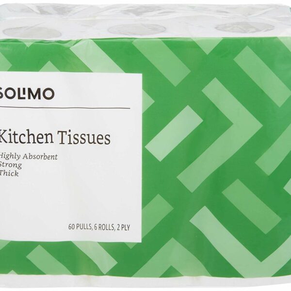 Amazon Brand - Solimo 2 Ply Kitchen Tissue/Towel Paper Roll 360 pulls | 60 pulls X 6 Rolls | soft and highly absorbent | 100% Natural Virgin Cellulose Fiber