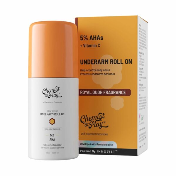 Chemist at Play UnderArm Roll-On with 5% AHA, Lactic Acid & 1% Mandelic Acid | Prevents Body Odour, Brightens Skin & Exfoliates Underarm | For Sensitive Skin | Royal Oudh Fragrance | Alcohol Free-40ml