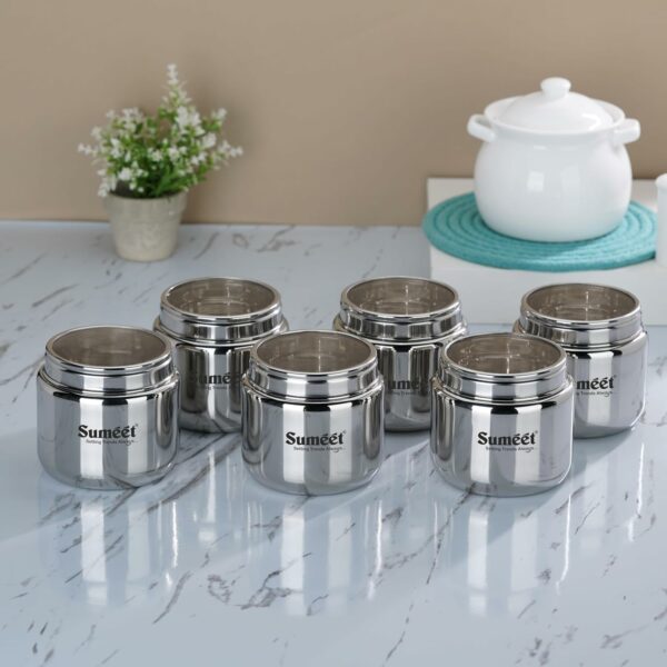 Sumeet Stainless Steel Small Canisters/Dabba/Storage Containers for Kitchen with See Through Lid, Set of 6 Pcs, 400ml Each, 9cm Dia, Silver