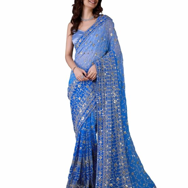 TRENDMALLS Women's Georgette Sequin Embroidery work Saree with Unstitch Blouse Piece (K963-LightBlue2)