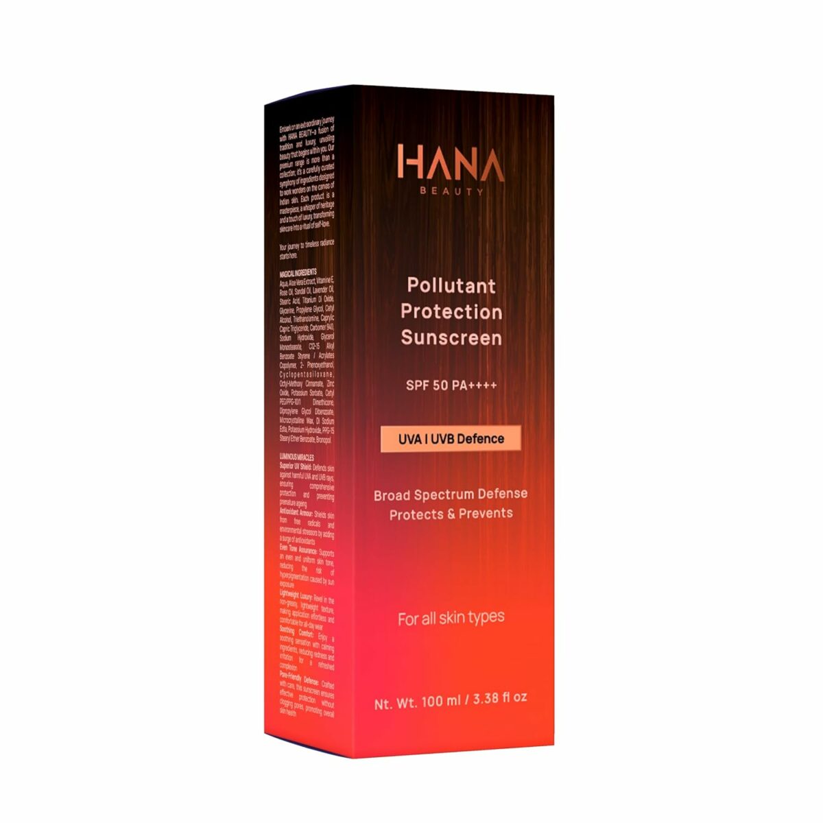 Hana Beauty Pollutant Protection Sunscreen with SPF 50 PA++++ | UVA & UVB Protection | Broad Spectrum Defense | Hydrating, Lightweight & Non-Greasy | Quick-Absorbing | No White Cast | Quick Absorbing | Sweat Resistant | Even Toned & Glowing Skin | Oily, Dry, Sensitive & Combination Skin | For Men & Women | 100ml