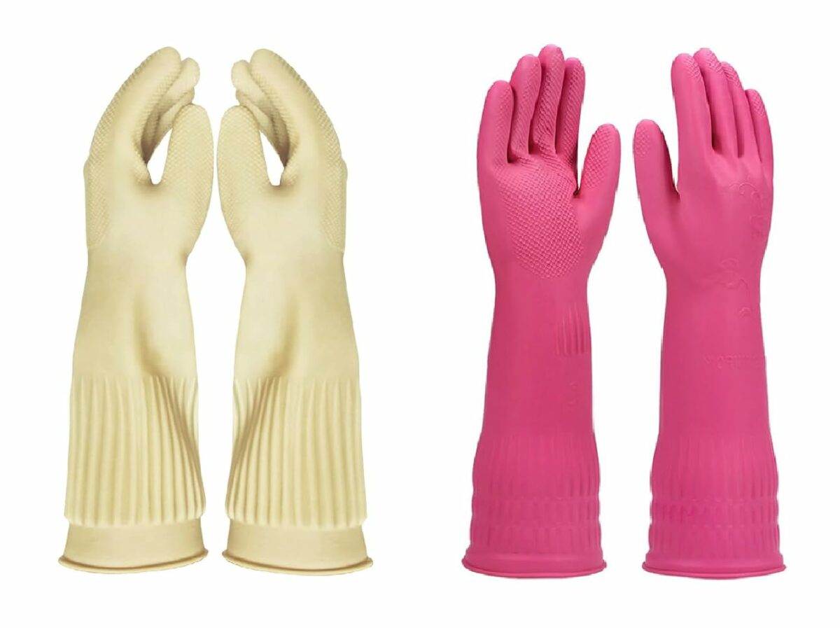 Eopzo Reusable Household Gloves, Kitchen Gloves, Long Sleeve, Thick Latex, Cleaning, Washing, Working, Painting (2 Pair) (Pink+ Beige)