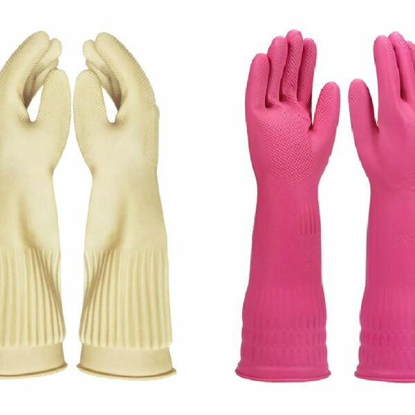 Eopzo Reusable Household Gloves, Kitchen Gloves, Long Sleeve, Thick Latex, Cleaning, Washing, Working, Painting (2 Pair) (Pink+ Beige)