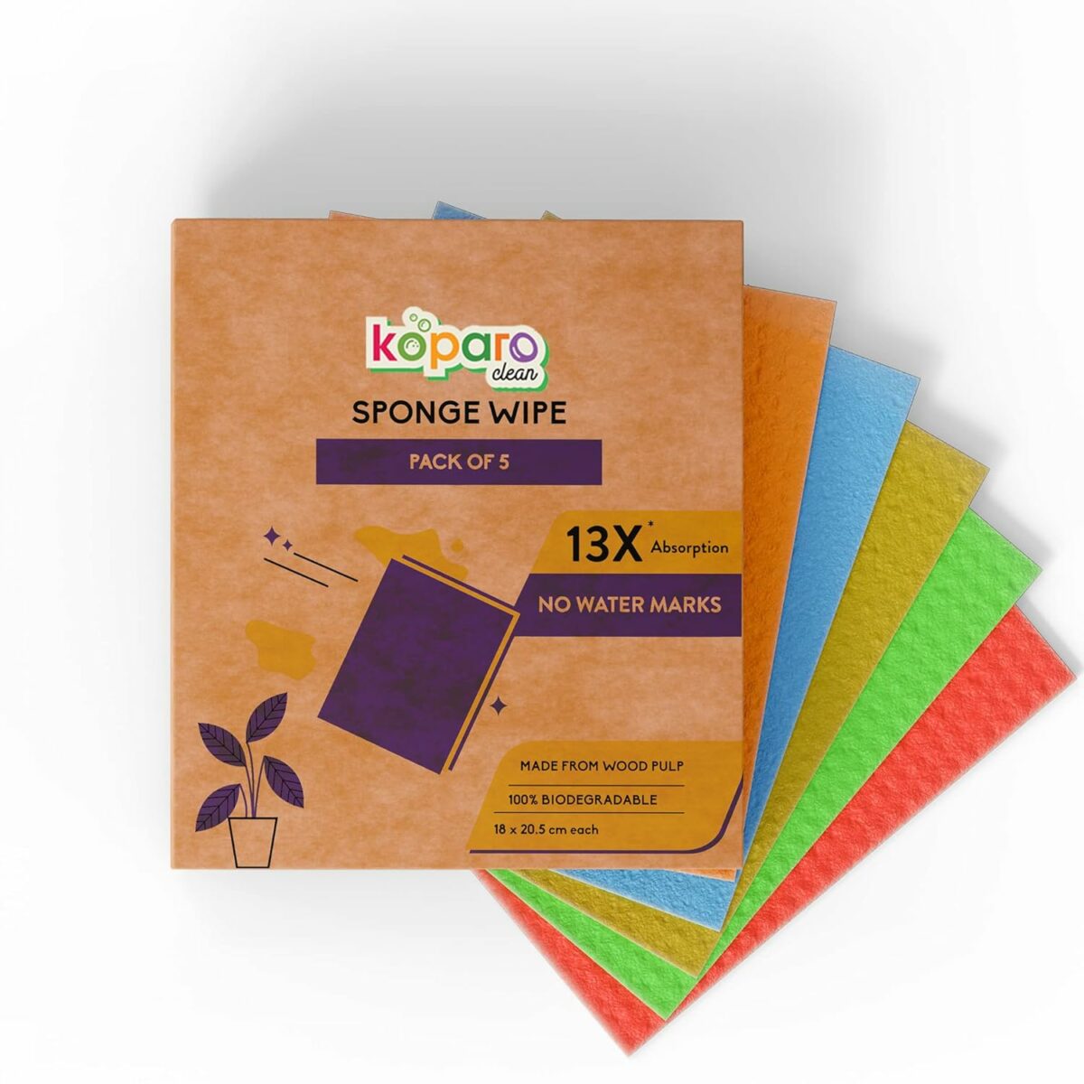 Koparo Natural Cellulose Based Sponge Wipe - Pack of 5 | 100% Bio-degradable, Durable & Lint-Free, Reusable and Washable | Kitchen/Microwave/Referigerator/and Home Cleaning | 13X Absorption | XL Size