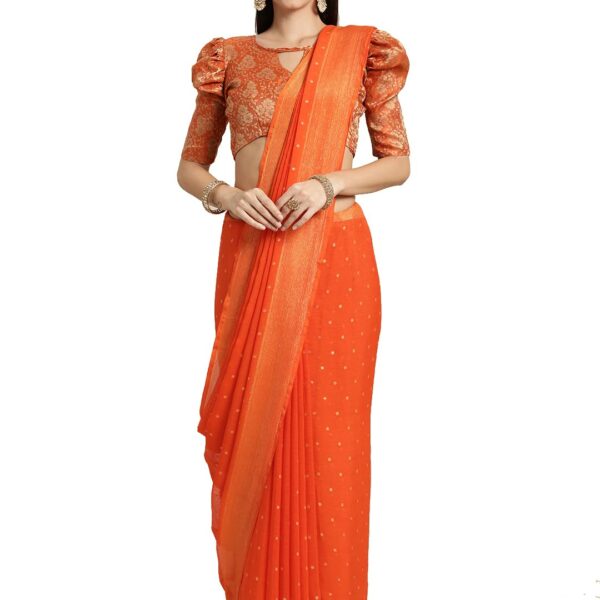 Rekha Maniyar Women's Silk Chiffon Viscose Border Printed Saree with Banarasi Blouse and Fancy Tassels