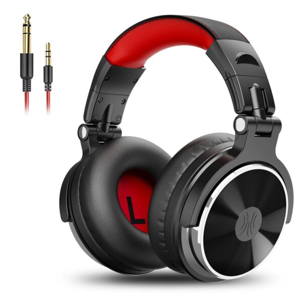 OneOdio Pro-10 Over Ear Headphone, Wired Bass Headsets with 50mm Driver, Foldable Lightweight Headphones with Shareport and Mic for Recording Monitoring Podcast Guitar PC TV (red)