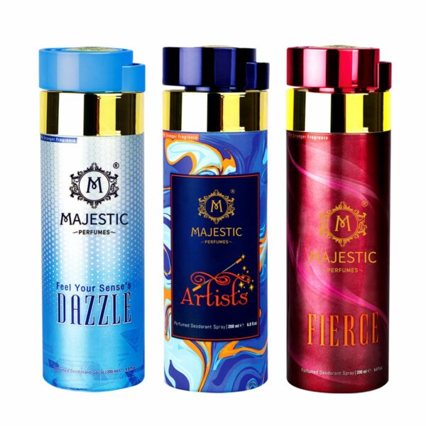 Majestic Perfumes Dazzle, Artists, Fierce Deodorant Body Sprays, 200ml, Pack of 3