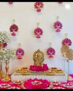 Divyakosh Handmade Wall Decor Lotus with jhumki Style Hanging for Home Decor,Diwali Decor,Wedding and All Festival Decor (6 PCS - Pink/Raani). Export Quality Lotus.Perfect for Temple/Pooja Decor