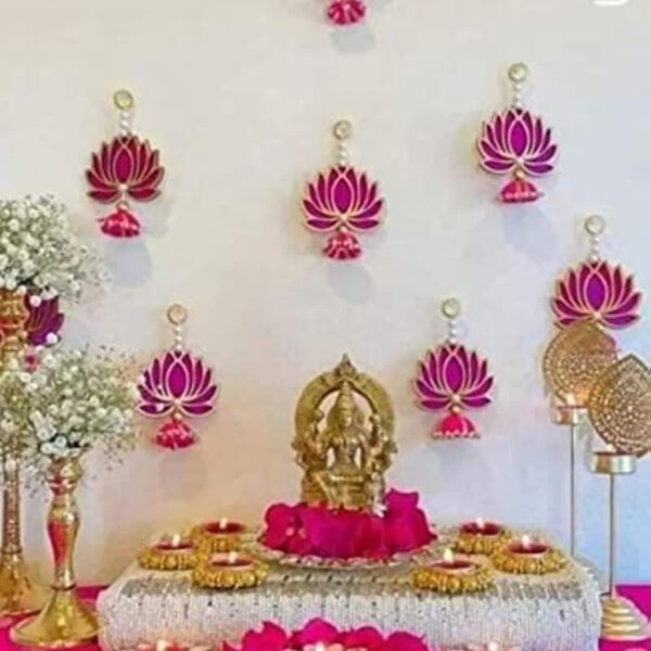 Divyakosh Handmade Wall Decor Lotus with jhumki Style Hanging for Home Decor,Diwali Decor,Wedding and All Festival Decor (6 PCS - Pink/Raani). Export Quality Lotus.Perfect for Temple/Pooja Decor