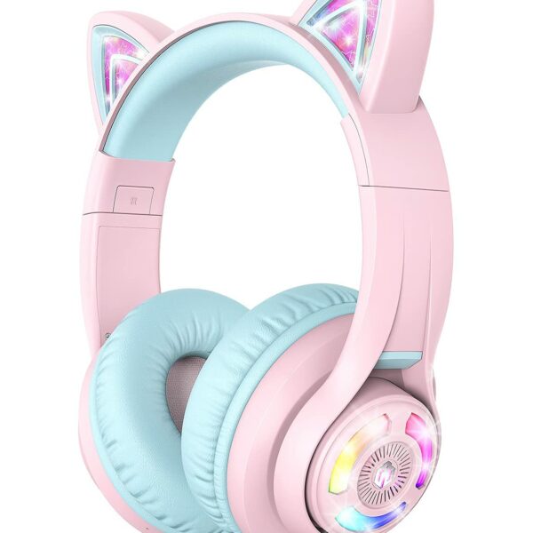 iClever BTH13 Bluetooth Kids Headphones with Mic, Over Ear Headphone Wireless Cat Ear Headphones for Girls Birthday Gift Safe Volume Limited, 45H Playtime Portable Headset for Tablet/PC, Pink