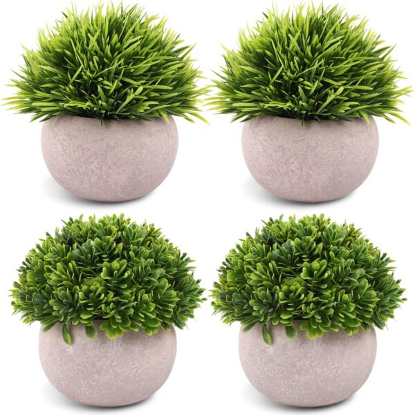 Dekorly® 4 Packs Artificial Potted Plants Bathroom Fake Shelf Plant Office Table Decor Mini Green Faux Topiary Kitchen Cabinet Farmhouse Decorations (4 Plastic Pots)