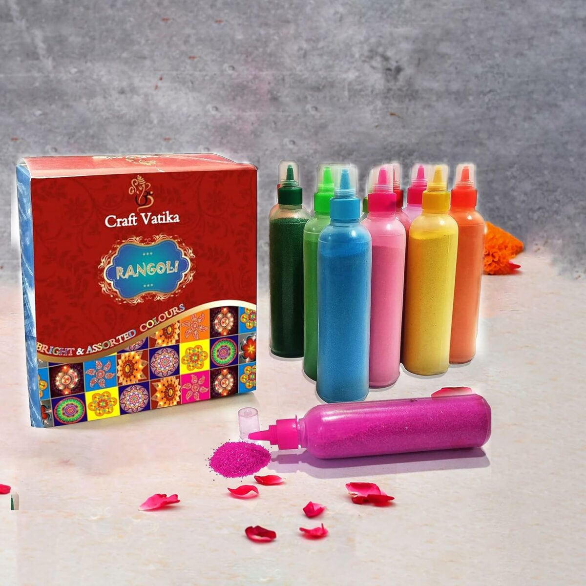 CraftVatika 12 Rangoli Colour Powder Tube Kit, Diwali Decoration Items Bottles Tool Floor Art Rang for Home Navratri Pongal Pooja Mandir Decor (Pack of 12) (1 Box- 12 Bottle)