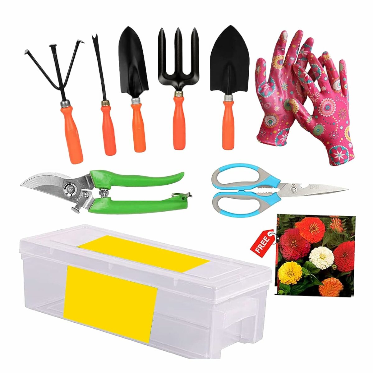 Kraft Seeds by 10CLUB Gardening Tools Kit - 10 Pcs (Cultivator, Fork, Trowels, Weeder, Garden Gloves, Pruner Cutter, Scissors, Free Flower Seeds Packet, Toolbox) | Gardening Tools Set For Home Garden