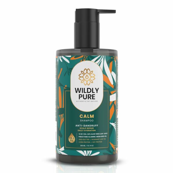 WILDLY PURE Natural Anti Dandruff Shampoo|Nasturtium, Piroctone Olamine, Niacinamide & Biotin| 72% Less In Dandruff In 3 Wash| Regulates Sebum, Chemical Free| Men & Women| 300Ml (Calm)