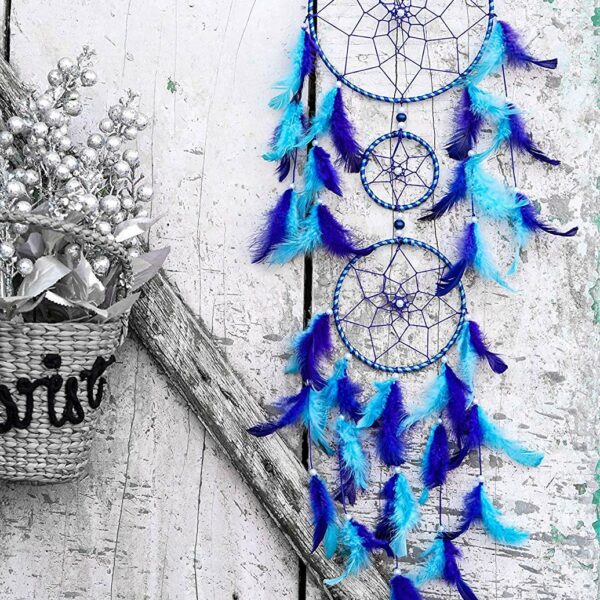 ILU® Dream Catchers, Wall Hangings, Home Decor, Handmade Dreamcatcher for Bedroom, Balcony, Garden, Party, Cafe, Small Ring Beaded Blue & Light Blue Feathers, 17cm Diameter, Length 80cm