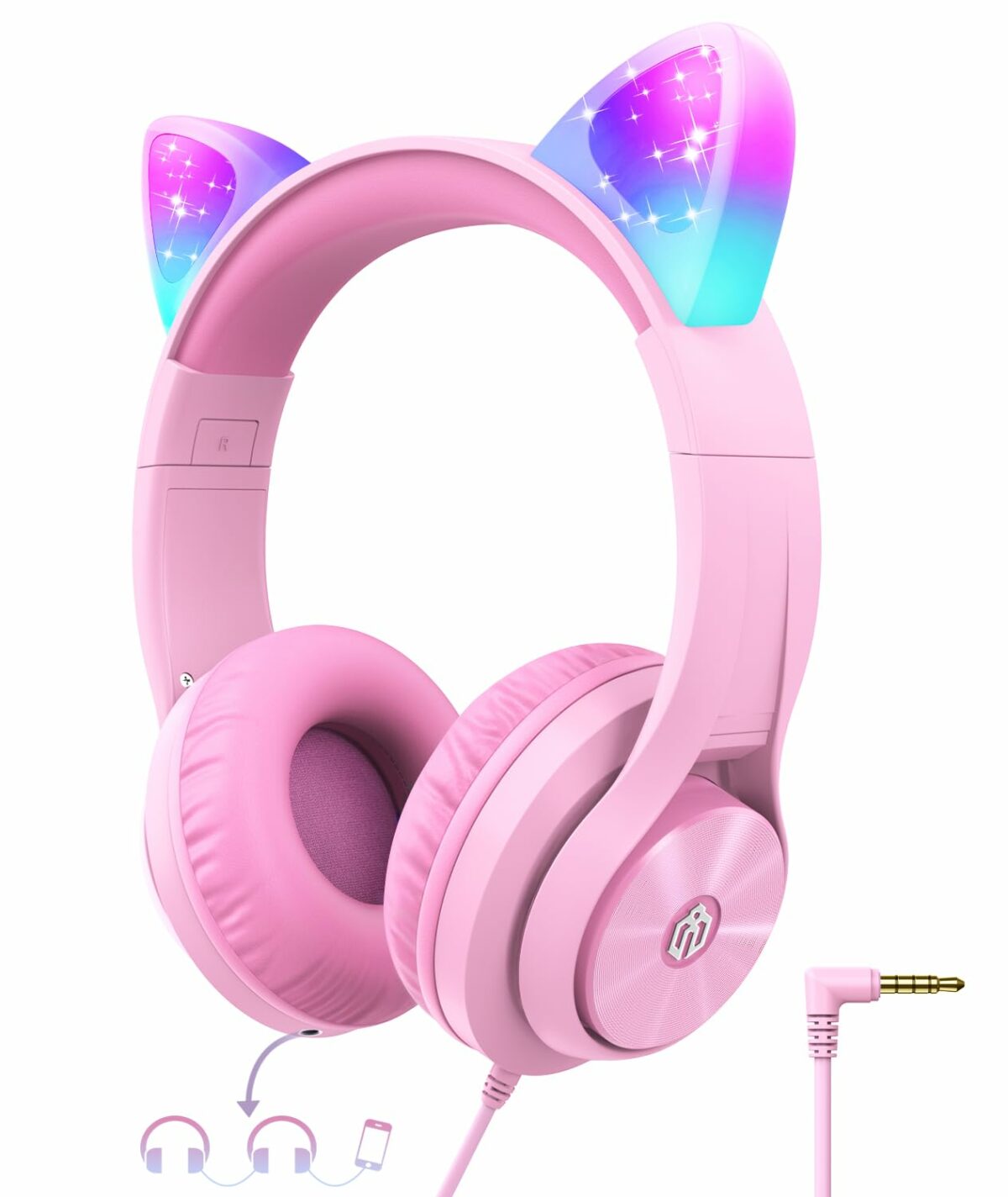 iClever Kids Headphones for Girls Gift Over Ear Headphones, Wired Cat Ear Led Light Up Children Headphones,94dB Volume Limited Foldable Earphones for Kids School, Travel, Music