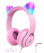 iClever Kids Headphones for Girls Gift Over Ear Headphones, Wired Cat Ear Led Light Up Children Headphones,94dB Volume Limited Foldable Earphones for Kids School, Travel, Music