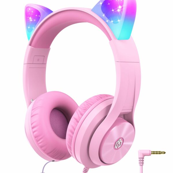 iClever Kids Headphones for Girls Gift Over Ear Headphones, Wired Cat Ear Led Light Up Children Headphones,94dB Volume Limited Foldable Earphones for Kids School, Travel, Music