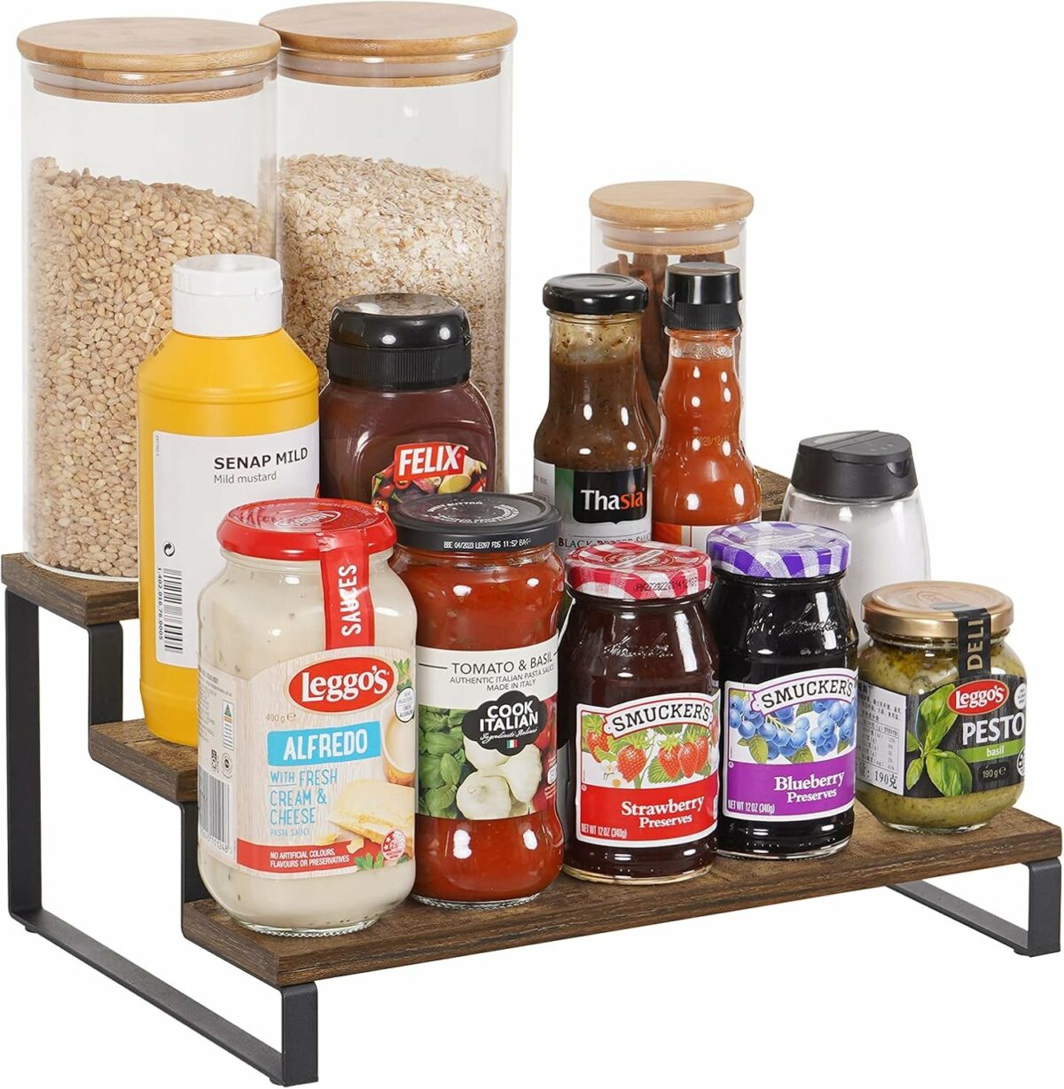 Craft Mshopr "Medium 3-Tier Wooden & Iron Step Shelf Spice Rack Organizer – Countertop Shelf,14" Lx9.5 Wx6.5 H,Space-Saving Kitchen Spice Storage,Spice Holder for Jars and Bottles