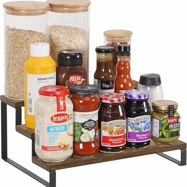 Craft Mshopr "Medium 3-Tier Wooden & Iron Step Shelf Spice Rack Organizer – Countertop Shelf,14" Lx9.5 Wx6.5 H,Space-Saving Kitchen Spice Storage,Spice Holder for Jars and Bottles