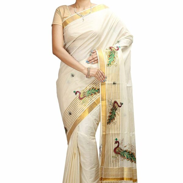 YETTALAN Women's Woven Cotton Saree with Blouse Piece (SP-GRN-PCK_Peacock Green.)