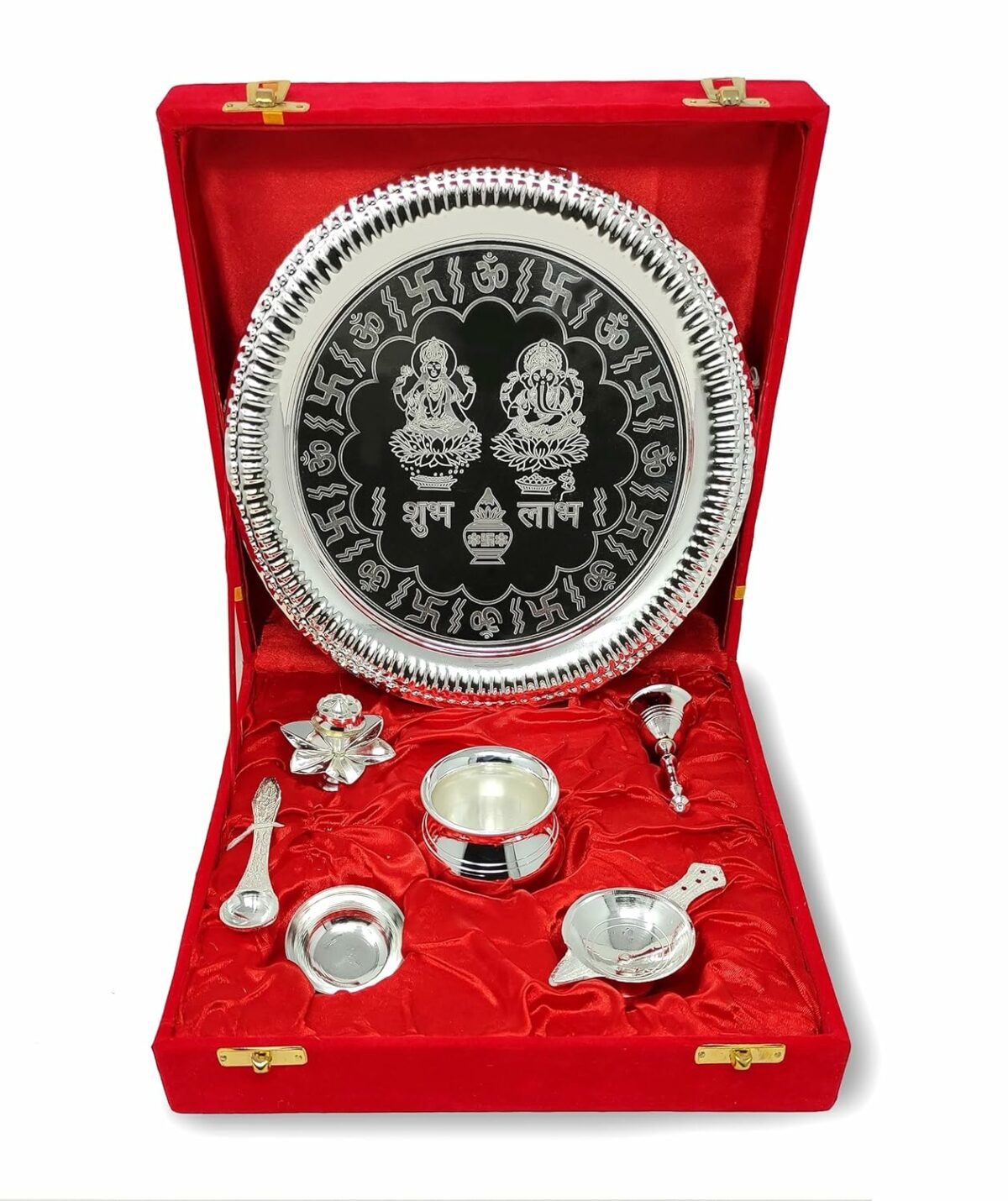 BENGALEN Pooja Thali Set Silver Plated with Gift Box Designed Puja Plate 22 CM Kalash Bowl Ghanti Spoon Dhup Dan Diya for Home Office Diwali Wedding Return Gift Items