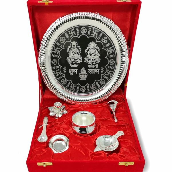 BENGALEN Pooja Thali Set Silver Plated with Gift Box Designed Puja Plate 22 CM Kalash Bowl Ghanti Spoon Dhup Dan Diya for Home Office Diwali Wedding Return Gift Items