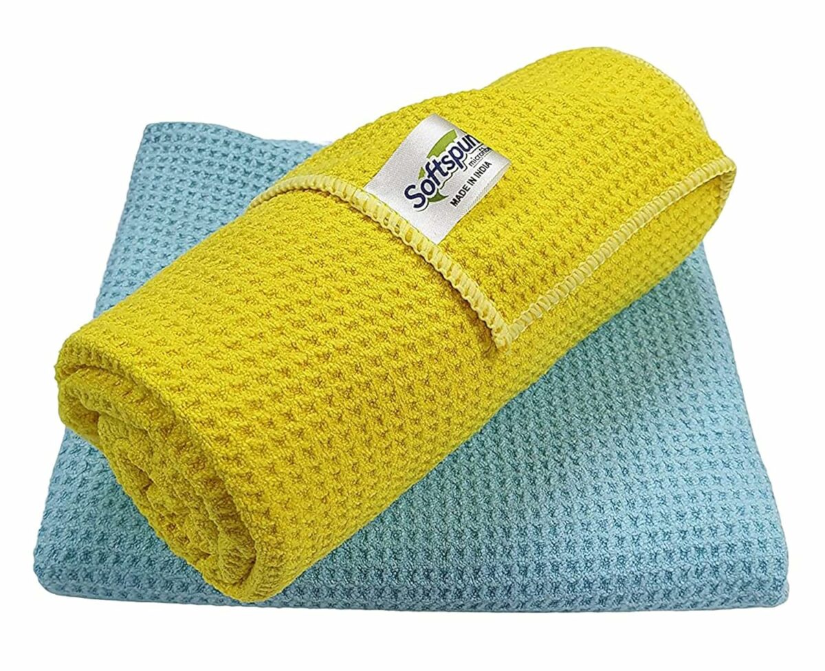 SOFTSPUN Microfiber Waffle Weave Cloths, 40x60 Cms 2 Piece Towel Set 400 GSM Multicolor Multipurpose Highly Absorbent LintStreak Free Wash Cloth for Home Kitchen Window Stainless Steel.