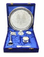 BENGALEN Pooja Thali Set Silver Plated with Blue Gift Box Designed 22 cm Puja Plate Kalash Bowl Ghanti Spoon Dhup Dan Diya for Home Office Diwali Wedding Return Gift Items