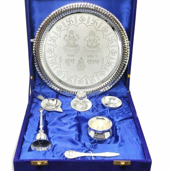 BENGALEN Pooja Thali Set Silver Plated with Blue Gift Box Designed 22 cm Puja Plate Kalash Bowl Ghanti Spoon Dhup Dan Diya for Home Office Diwali Wedding Return Gift Items