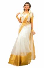 SGF11 Women's Organza Silk Saree Pure Golden Zari With Blouse Piece (New White)