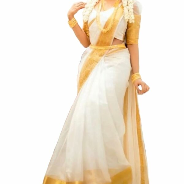 SGF11 Women's Organza Silk Saree Pure Golden Zari With Blouse Piece (New White)