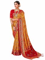 AKHILAM Women's Tussar Silk Ikat Printed Saree With Unstitched Blouse Piece