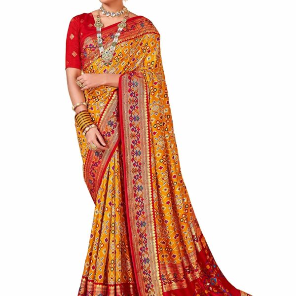 AKHILAM Women's Tussar Silk Ikat Printed Saree With Unstitched Blouse Piece