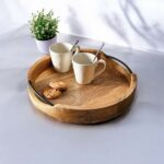 Craft Expertise Round Wooden Serving Tray - 10 Inch Rustic Brown Wood Platter with Handles - Decorative Farmhouse Kitchen Tray for Serving Food, Drinks, Coffee, and Cheese