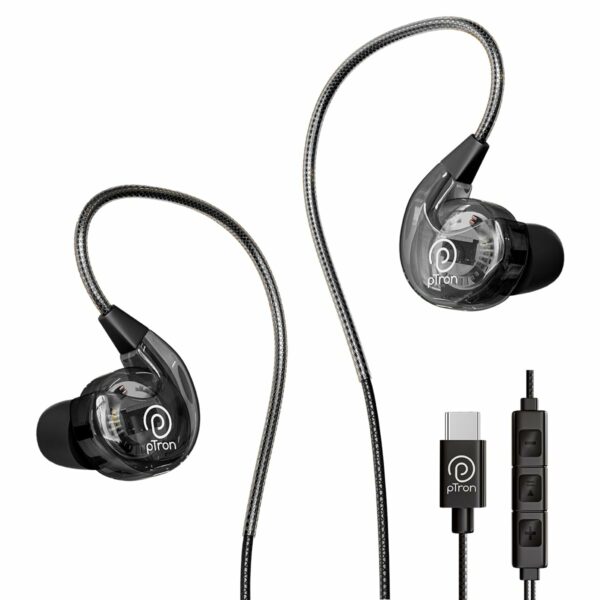 pTron Boom Play X2 in-Ear Type C Wired Headphones with Mic, IEM Ear-Hook Design, 13mm Drivers for Immersive Audio, 1.2m Fish Scale Style Tangle-Free Cable, in-line Controls & Wide Compatibility(Black)