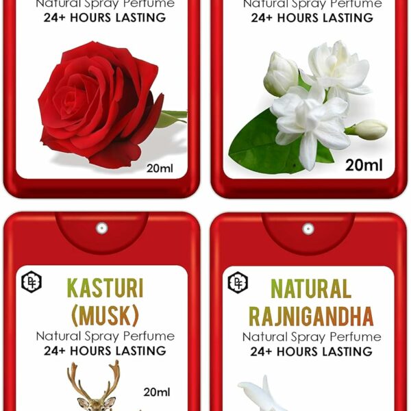 Parag Fragrances 4 IN 1 Comco Pack of Natural Rose, Natural Mogra, Kasturi Musk & Natural Rajnigandha Each 20ml Total 80ml Long Lasting Perfume