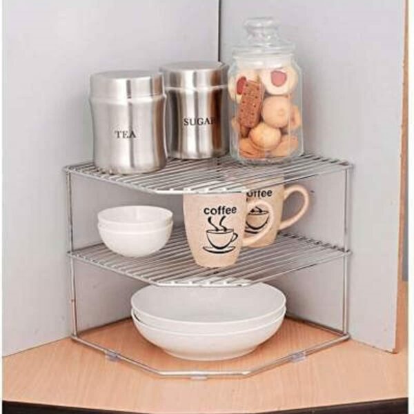 Zepdos® Stainless Steel 2-Tier Kitchen Rack and Organizer Spice Rack and Container Organizer, Utensils Dishes Spices Jar holder rack and cup and glass holder (3 Layer Corner Rack)