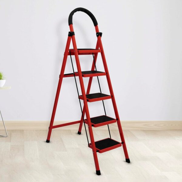 Plantex Cheston Premium GI Steel Foldable 5 Step Ladder for Home/Wide Anti Slip (Red & Black)