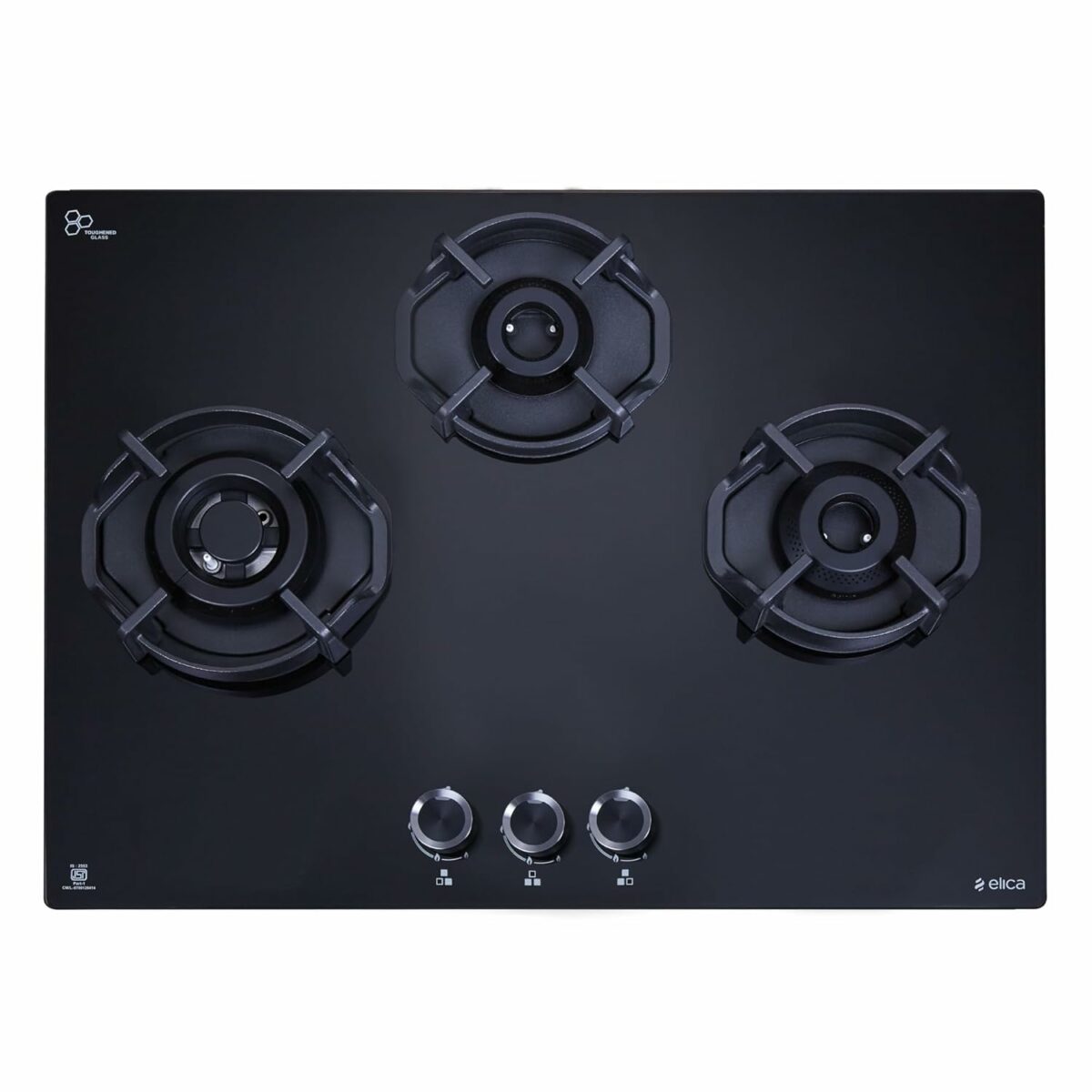 Elica Hob 3 Italian Burner Auto Ignition Glass Top With Direct Multi-Flame Brass Burner Gas Stove (Flexi Hexa 360 Lotus Ind Hd Brass) - Black