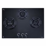 Elica Hob 3 Italian Burner Auto Ignition Glass Top With Direct Multi-Flame Brass Burner Gas Stove (Flexi Hexa 360 Lotus Ind Hd Brass) - Black