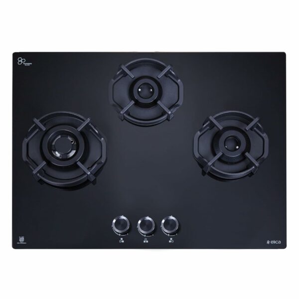 Elica Hob 3 Italian Burner Auto Ignition Glass Top With Direct Multi-Flame Brass Burner Gas Stove (Flexi Hexa 360 Lotus Ind Hd Brass) - Black