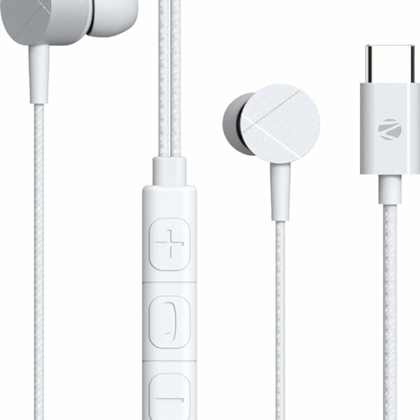 ZEBRONICS Zeb-Buds C2 in Ear Type C Wired Earphones with Mic, Braided 1.2 Metre Cable, Metallic Design, 10mm Drivers, in Line Mic & Volume Controller (White)