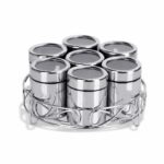 ATROCK 7Pcs Stainless Steel Masala Dabba|Spice Container|Kitchen Jars And Containers|Storage Container|Masala Dani With 7Pcs Stainless Steel Spoon|Set Of 7 Containers With Steel Stand,Blue-Violet