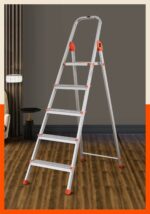 Bathla Safex 5-Step Foldable Aluminium Ladder for Home | Anti-Slip Steps | Edge Guards | 5 Year Manufacturer Warranty | with Sure-Hinge Technology (Orange)