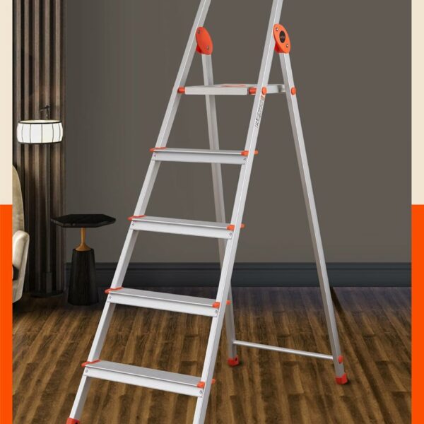 Bathla Safex 5-Step Foldable Aluminium Ladder for Home | Anti-Slip Steps | Edge Guards | 5 Year Manufacturer Warranty | with Sure-Hinge Technology (Orange)