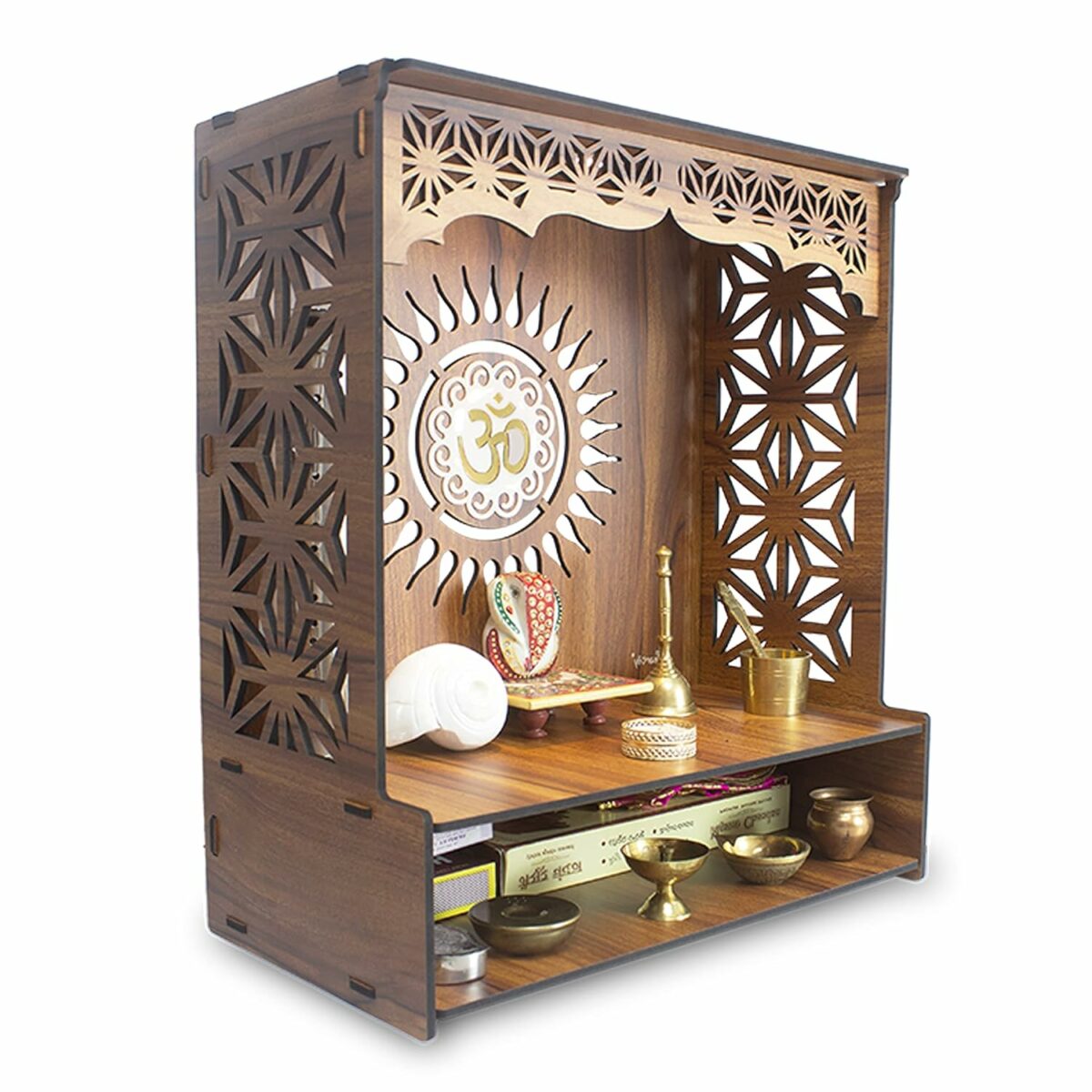 Heartily® Shree Beautiful Wooden Pooja Stand for Home Mandir for Home Temple for Home and Office Puja Mandir for Home and Office Wall with LED Spot Light Product (H- 18, L- 16, W-8.75 Inch)