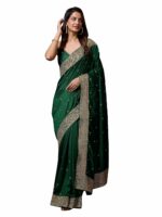 TRENDMALLS Women's Vichitra Silk Embroidery work Saree with Blouse Piece (K1089-DarkGreen)