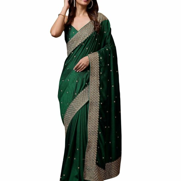 TRENDMALLS Women's Vichitra Silk Embroidery work Saree with Blouse Piece (K1089-DarkGreen)