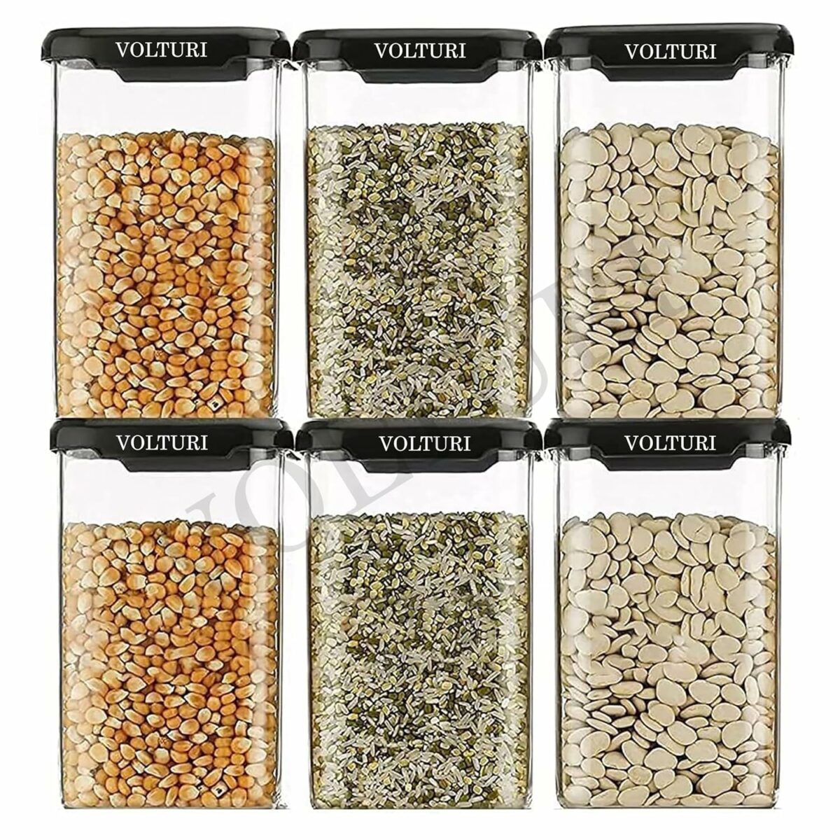 VOLTURI Air Tight Kitchen Containers Set (Pack of 6) for Storage Pulses, Cereals, Grains, Dry Fruits, Pantry Organization and More, Food Grade, BPA Free, Stackable and Transparent 1200 ML